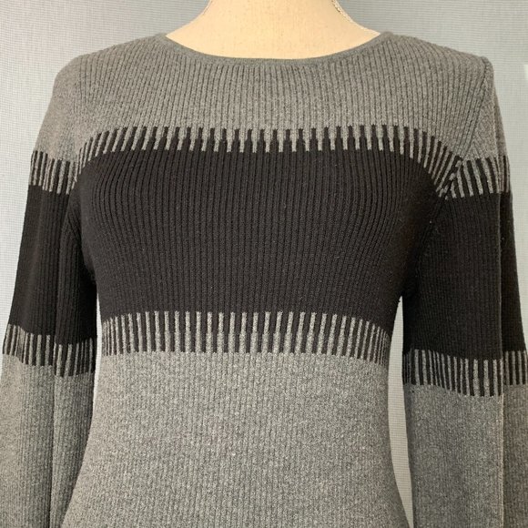 Vince Camuto Cotton Jumper / Grey & Black Sweater / Bell Sleeve Sweater / 2000's - Picture 2 of 5